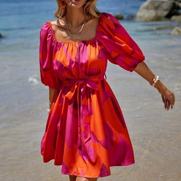 Pink Boho Womens Floral Print Square Neck Lantern Sleeve Belted Dress - Picture 4 of 5